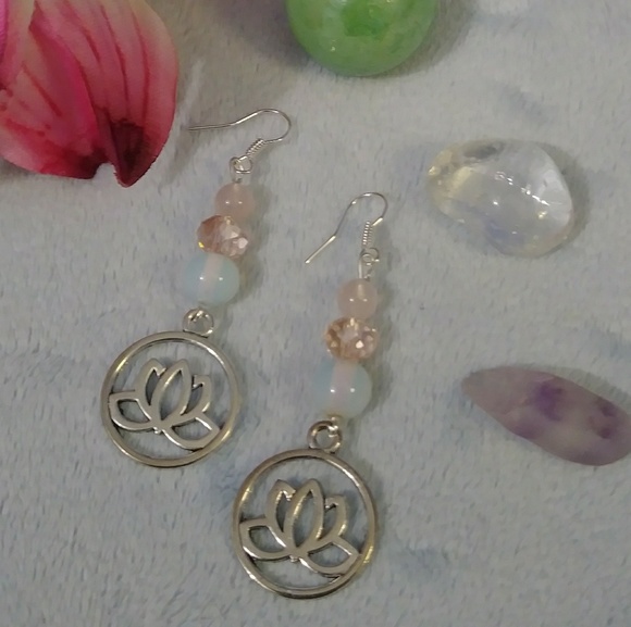 Lotus Flower Charm Rose Quartz Moonstone Earrings - Picture 1 of 3